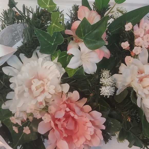 Floral Swag Wreath , Front Door Decoration , Peach & White - Picture 6 of 7